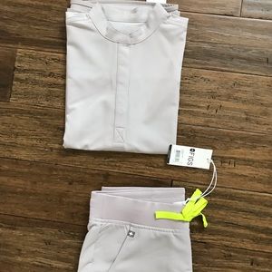 FIGS slate Zamora pants and rafaela mandarin top